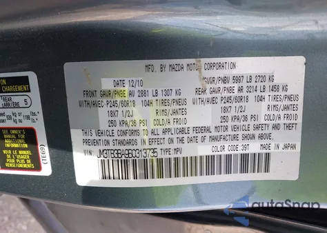 2011 Mazda Cx-9 Sport z USA, uszkodzony, nr VIN JM3TB3BA9B0313735